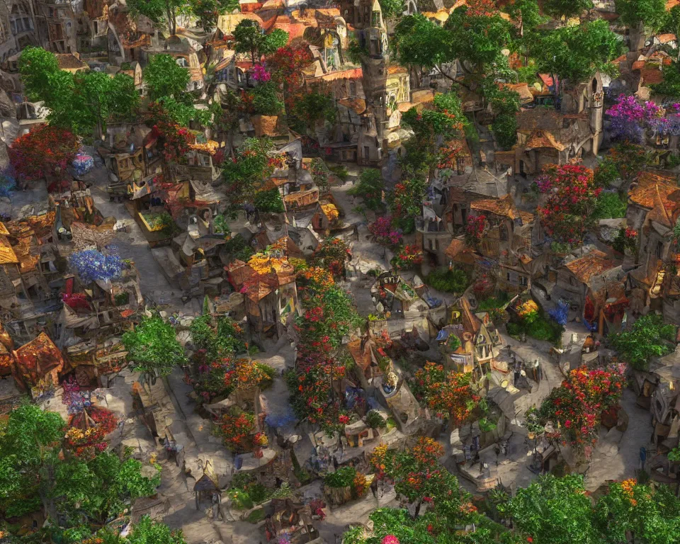 Image similar to colorful medieval city of the fae, built into trees and stone, cobblestone streets, fanciful, magical, unreal engine