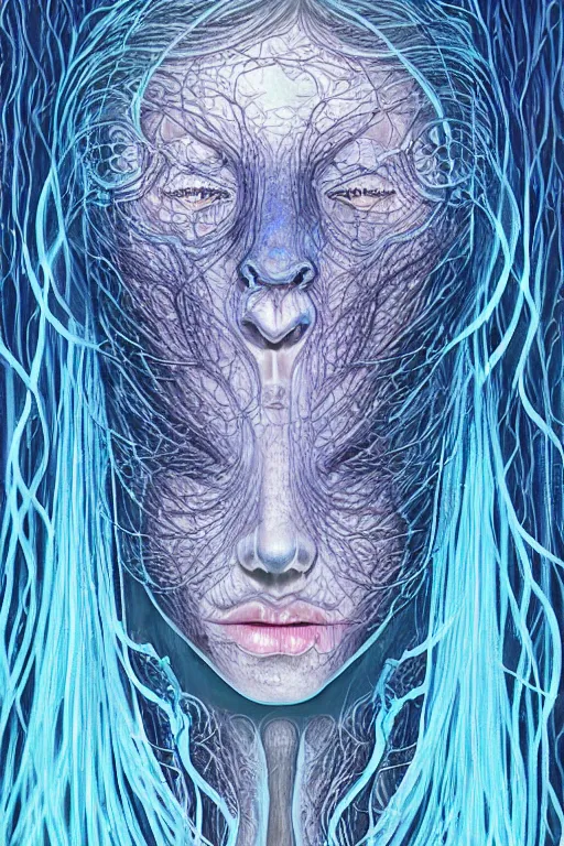 Image similar to dark underwater portrait of a Bioluminescent woman, with reaction diffusion semi-transparent skin. face closeup. long intricate dark hair, with jellyfish. very high detail, illustration, by alex grey