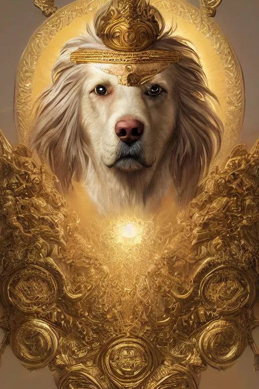 Image similar to a dog as god with a radiant halo, detailed face, gorgeous, amazing, flowing hair, very muscular male body, partial anatomy, stormy and grand war scene, delicate and intricate borders for decoration, caesar victorious, proud Emperor, crepuscular ray, intricate, highly detailed, 8K, digital painting, fantasy, artstation, concept art, sharp focus, over-shoulder shot, illustration, art by greg rutkowski beeple and alphonse mucha