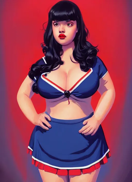 Image similar to full body portrait of teenage veronica lodge, obese, bangs, sultry, realistic, sultry smirk, wavy hair, red skirt, fat, belly, intricate, elegant, glowing lights, highly detailed, digital painting, artstation, concept art, smooth, sharp focus, illustration, art by wlop, mars ravelo and greg rutkowski