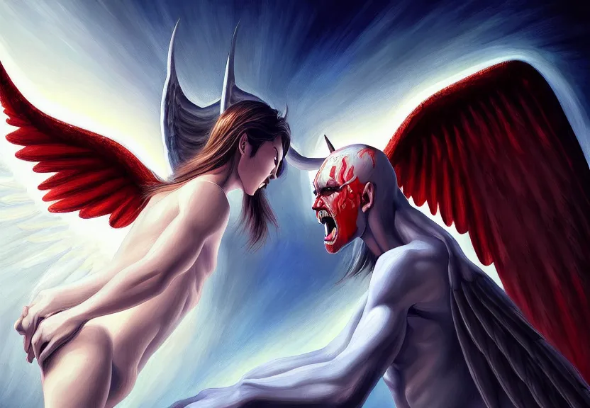 Image similar to a demon and an angel deom is afraid of the angel painting, good vs evil, highly detailed, digital painting, smooth, beautiful angle, weak demon, sharp focus, illstration, ultra realistic, dmon vs angle, heaven vs hell, 8 k, strong and powerful confident angle