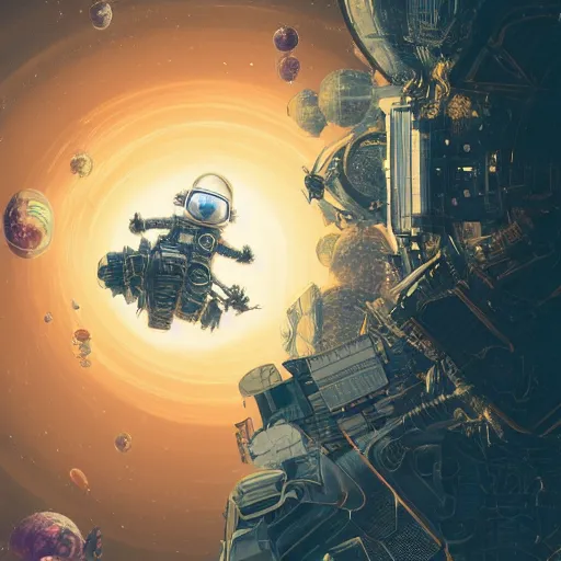 Image similar to intricate mechanical transformer astronaut fall into universe, by yoshitomo nara, by beeple, by yoshitaka amano, by victo ngai, by shaun tan, by good smile company, on cg society, 4 k wallpaper, pastel color theme, mandelbulb textures