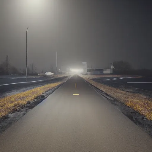 Prompt: A stunningly beautiful award-winning 8K high angle cinematic movie photograph across a spooky foggy empty lightless moonlit main intersection in an abandoned 1950s small town at night. perfect composition, shot from roofline, moody low key backlit. Color palette from Seven, greens yellows and reds. 2 point perspective. Octane render