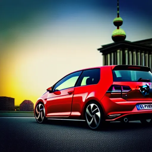 Image similar to a car parked VW Golf GTI at side of road, Berlin City, city sunset, cinematic color, photorealistic, highly detailed, bokeh