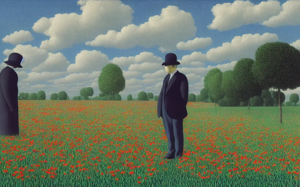 Prompt: grim reape with no face looking at you in distance in beautiful meadow of flowers, detailed painting by rene magritte