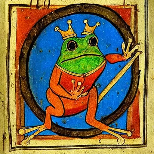 Image similar to beautiful medieval book manuscript painting of a frog wearing a crown