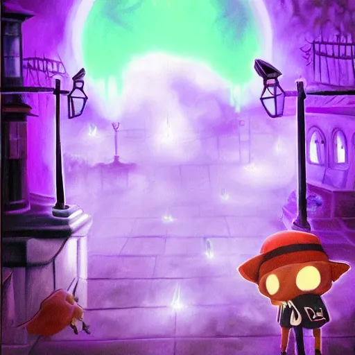 Image similar to hyperrealistic painting of pokemon lavender town, terrifying, purple dim light, ghosts flying