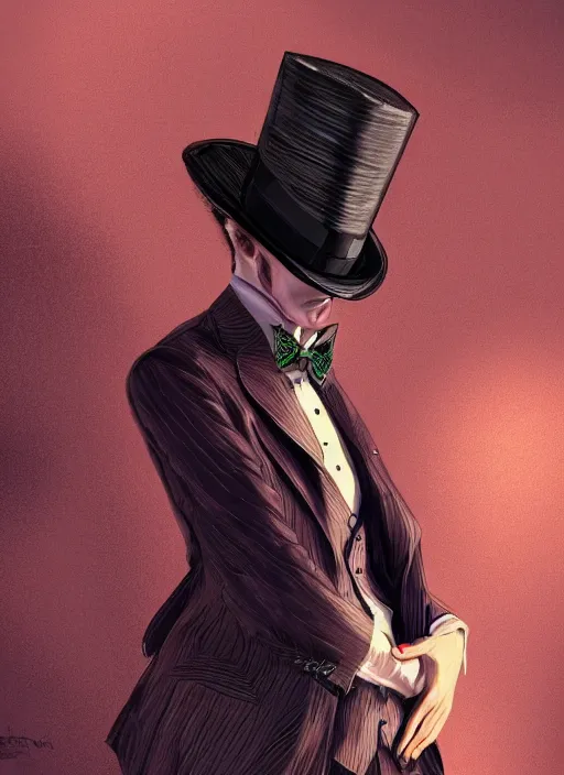 Prompt: a highly detailed illustration of stylish top hat wearing red haired attractive man, clean shaven, hyperdetailed face and eyes, wearing suit vest, nonchalantly leaning back pose, intricate, elegant, highly detailed, centered, digital painting, artstation, concept art, smooth, sharp focus, league of legends concept art, WLOP