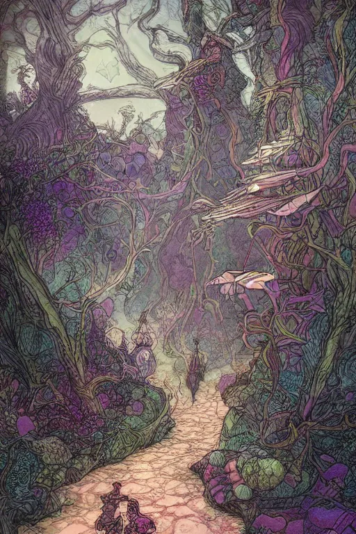 Image similar to mushroomfolk nomads walking through a psychedelic landscape, in the style of Greg Broadmore and Arthur Rackham and Moebius, trending on artstation, light lighting side view,digital art,surrealism ,macro,blueprint ,vaporwave ,