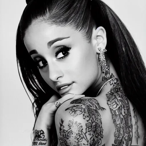 Image similar to ariana grande recursive photo beautiful ariana grande photo bw photography 130mm lens. ariana grande backstage photograph posing for magazine cover. award winning promotional photo. !!!!!COVERED IN TATTOOS!!!!! TATTED ARIANA GRANDE NECK TATTOOS. Elegant pose, outstretched arms