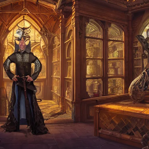 Image similar to full body portrait of Dennis hopper as a devious medieval lord standing on the right inside a big medieval Shop with tall windowpane, shelves full of medieval goods, morning light, trending on artstation, style of peter mohrbacher, unreal engine, octane render, intricate details, 8k high definition, beauriful, ornate, hyperrealistic