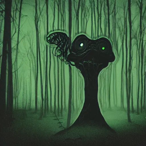 Prompt: horrifying eldritch creature hiding in the forest at night with vhs filter