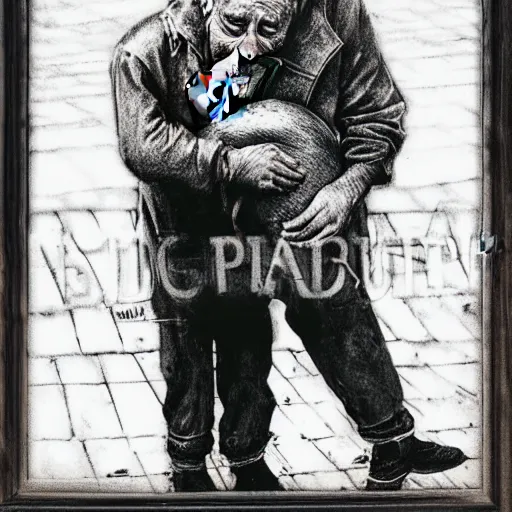 Prompt: portrait beautiful pig kissing dirty homeless old man