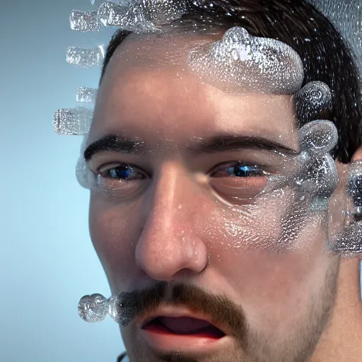 Image similar to dramatic closeup a man who's face is made of bubble wrap plastic, a finger is popping one of the bubbles, realistic blender render, translucency and subsurface scattering