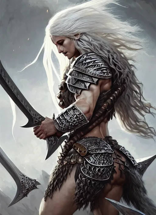 Image similar to barbarian, plated armor!!! long wild white hair!! covered chest!!! fantasy, d & d, intricate ornate details, digital painting, pretty face!!, symmetry, concept art, sharp focus, illustration, art by artgerm! greg rutkowski magali villeneuve wlop! ilya kuvshinov!!, octane render