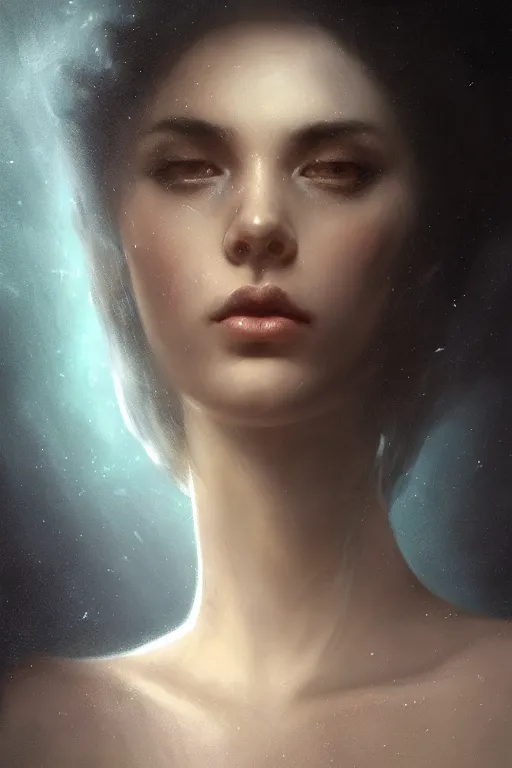 Image similar to floating in deep dark murky water!!!, underwater atmospheric mood, dark surreal mood! cinematic volumetric lights, bust portrait, dnd, fantasy, intricate, elegant, highly detailed, digital painting, artstation, concept art, smooth, sharp focus, illustration, art by artgerm and tom bagshaw and greg rutkowski and alphonse mucha