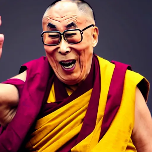 Image similar to furious screaming dalai lama punches the camera