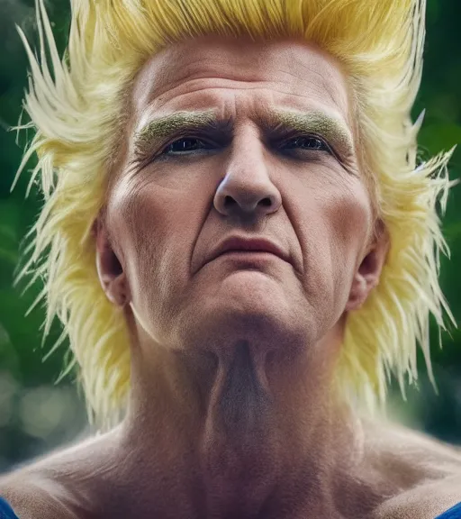 Image similar to award winning 5 5 mm close up portrait color photo of super saiyan trump, in a park by luis royo and stefan kostic. soft light. sony a 7 r iv