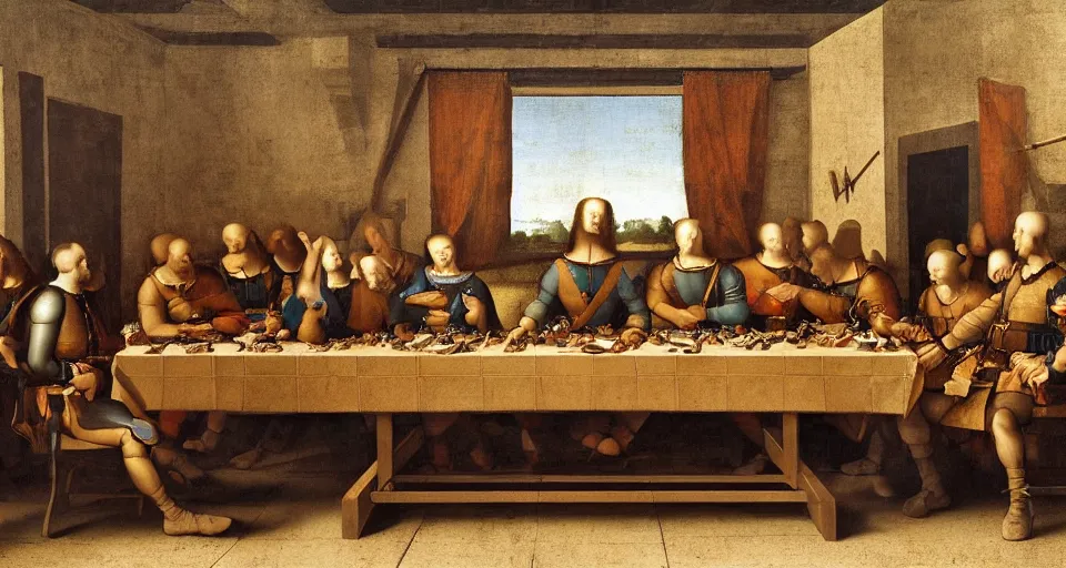 Prompt: us army soldiers sitting at a long rectangle dining table, old painting, intricate, 8 k, us soldiers in uniform eating dinner, dinner table, dining room, renaissance, leonardo da vinci