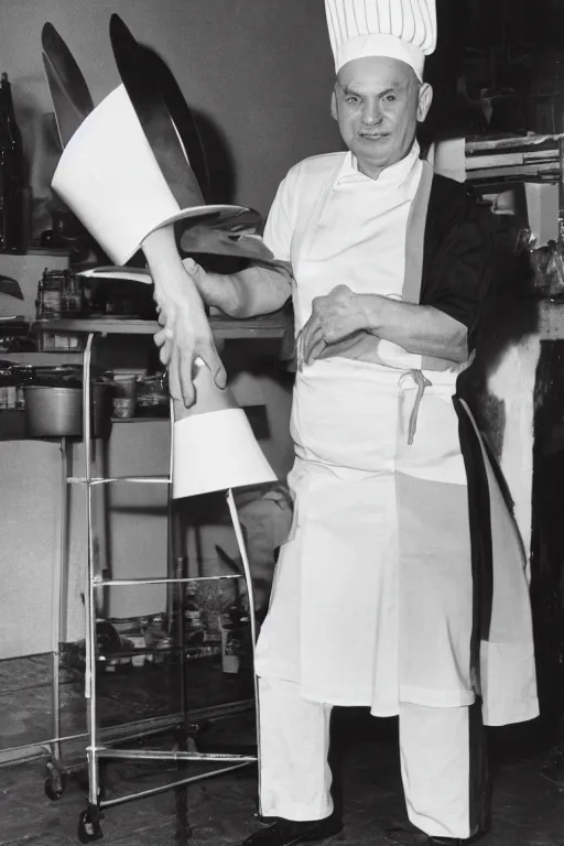 Image similar to A chef with a chef's hat taller than him, Ansel Adams