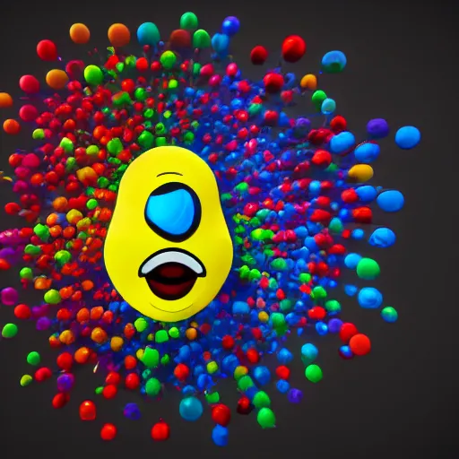 Prompt: exploding mind, happy emoji, 3 d render, 4 k, glossy sphere, psychodelic colors, black background