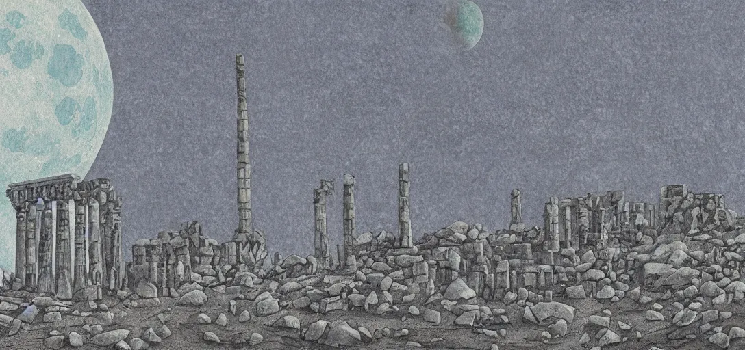 Image similar to The ruins of the Silver Millennium on the moon from Sailor Moon, digital painting, Earth in the distance, Greek-esque columns and ruins, grey sand