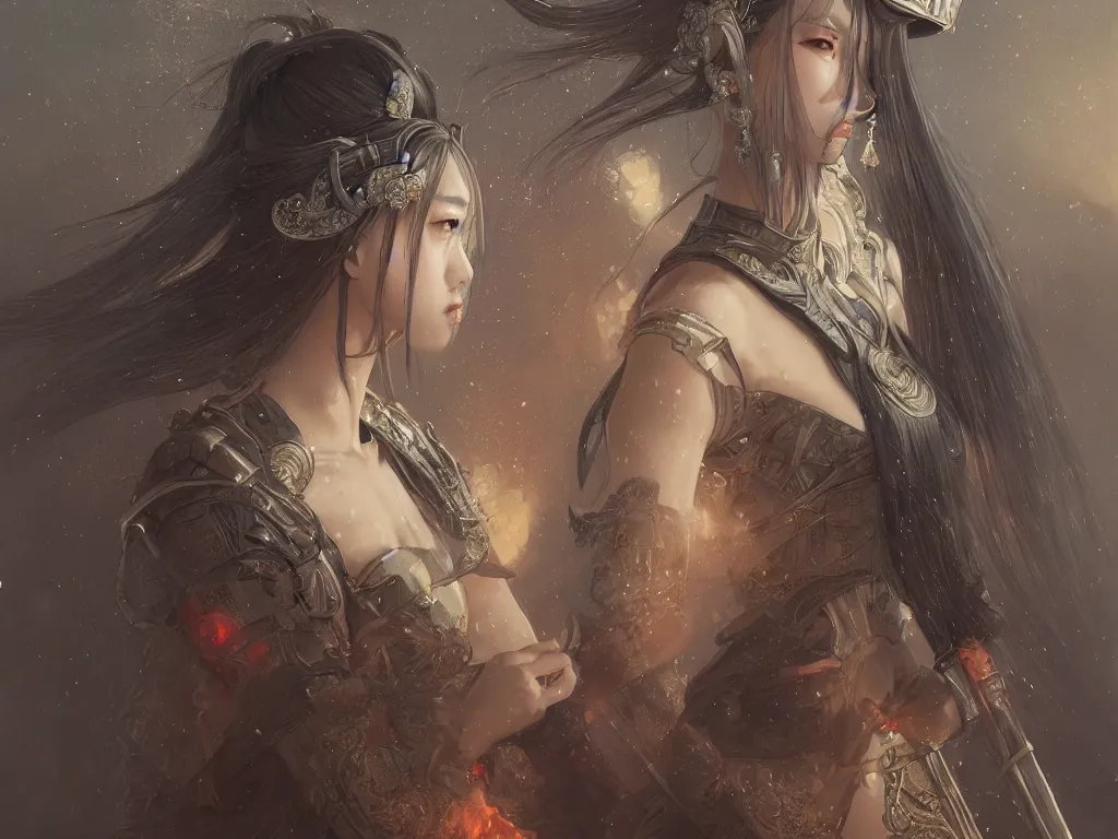 Image similar to portrait jisoo blackpink, grey hair armored samurai clothes, in fire japanese temple wet night, ssci - fi and fantasy, intricate and very very beautiful and elegant, highly detailed, digital painting, artstation, concept art, smooth and sharp focus, illustration, art by tian zi and wlop and alphonse mucha