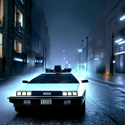 Image similar to hyperdetailed, photorealistic photograph of a dmc 1 2 delorean driving in the streets, rain, night, dense fog, hd, unreal engine 5