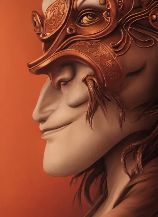 Prompt: a beautiful detailed oil on copper art illustration of a japanese tengu mask with big nose woman, centered, by charlie bowater, zeng fanzh, trending on artstation, dim dusk lighting, cinematic lighting, detailed lighting, volumetric lighting, realistic, f 8, 4 k hd wallpaper