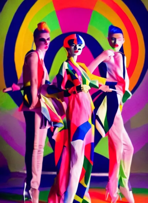 Image similar to david bowie music clip with dancers dressed by sonia delaunay clothing, neon lights, photorealistic, eastman kodak