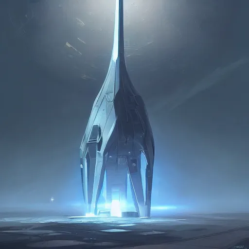 Prompt: concept art of a large space vessel in the shape of an spear, scifi, beautiful ilumination, artstation hq