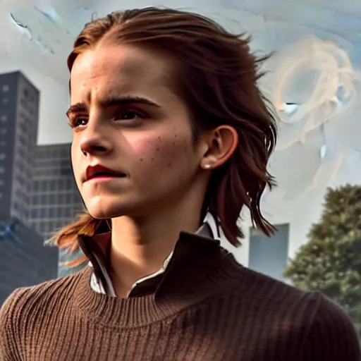 Image similar to Emma Watson on walking through fire, Action movie pyrotechnics shot, 8k UHD, studio photography, high quality, high detail, stunning lighting