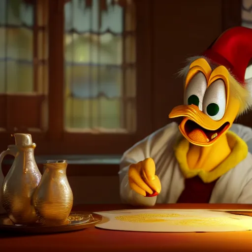 Image similar to A beautiful hyper realistic ultra detailed lifelike cinematic still of Scrooge McDuck, unreal engine, deviantart, flickr, artstation, octane render, textured, colorful, extreme realistic detail, physically based rendering, pbr render, very detailed, volumetric lighting, detailed lighting, octane render, 4k, cinematic lighting, 8k resolution