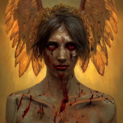 Image similar to portrait of a fallen angel, bloody wings, face covered in dirt and blood, crying, intricate, headshot, highly detailed, digital painting, artstation, concept art, sharp focus, cinematic lighting, illustration, art by artgerm and greg rutkowski, alphonse mucha, cgsociety