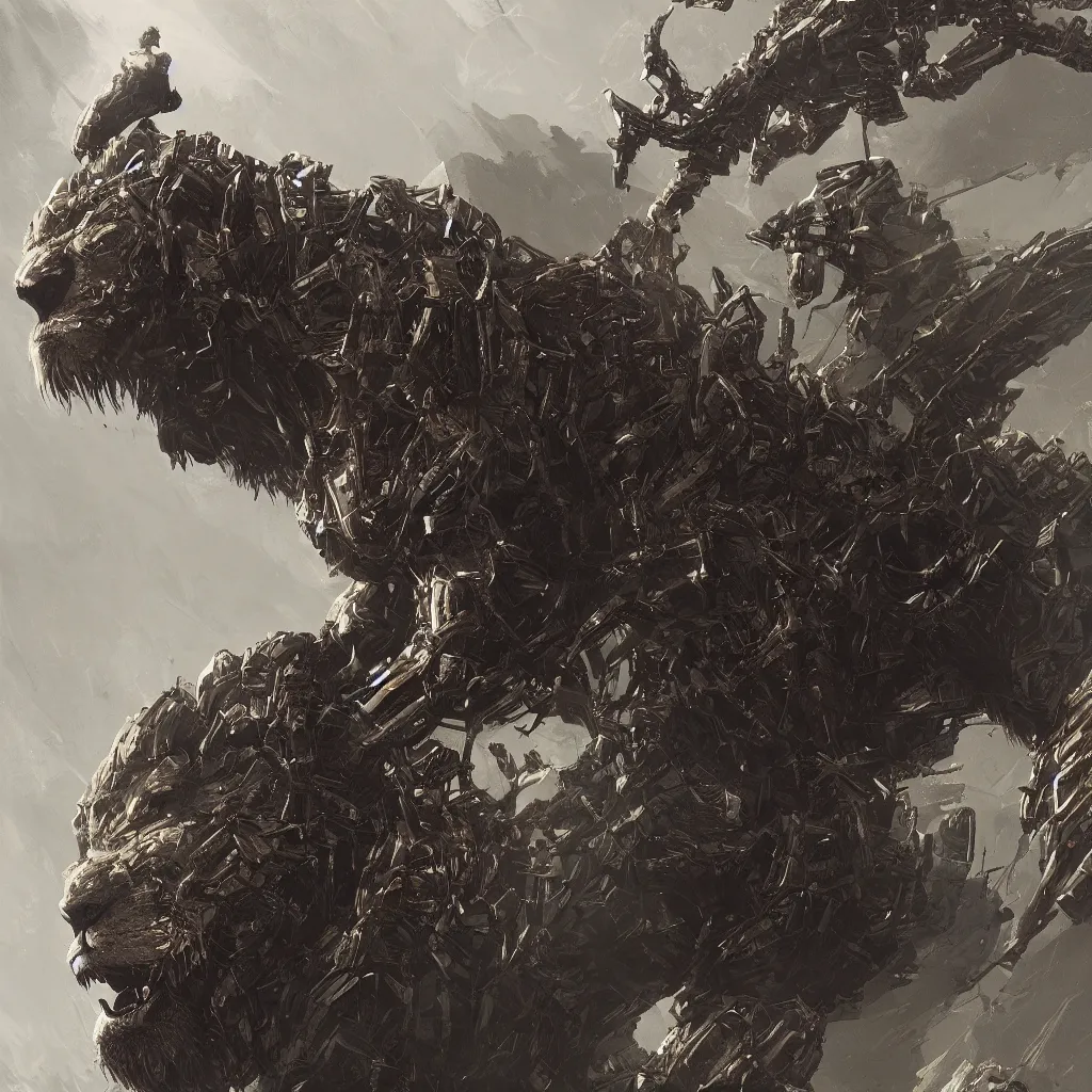 Image similar to Death Stranding Giant Lion BT Boss monster art, in the style of greg rutkowski, illustration, epic, fantasy, intricate, hyper detailed, artstation, concept art, smooth, sharp focus, ray tracing