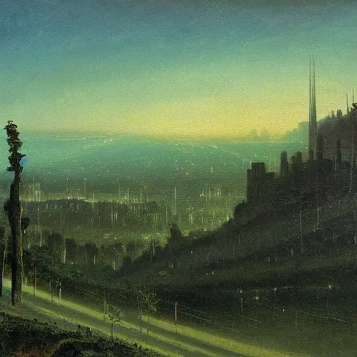 Image similar to city, distant valley, trees, night, dramatic light, oil painting, by caspar david friedrich