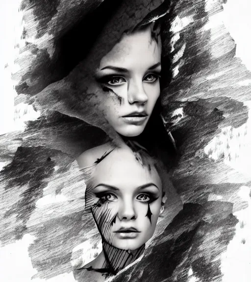 Image similar to tattoo design sketch of a beautiful woman face with a faded background of beautiful mountains on her side, hyper - realistic, double exposure effect, in the style of den yakovlev, amazing detail, black and white, faded