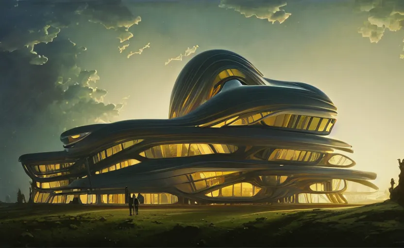 Image similar to exterior shot of utopian architecture laboratory with cinematic lighting by zaha hadid and renzo piano, darek zabrocki and greg ruthkowski, alphonse mucha, simon stalenhag, cinematic, scifi, futurism, atmospheric, sunset, concept art, artstation, trending on artstation