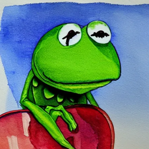 Image similar to Kermit the Frog trapped in a lightbulb, water color painting