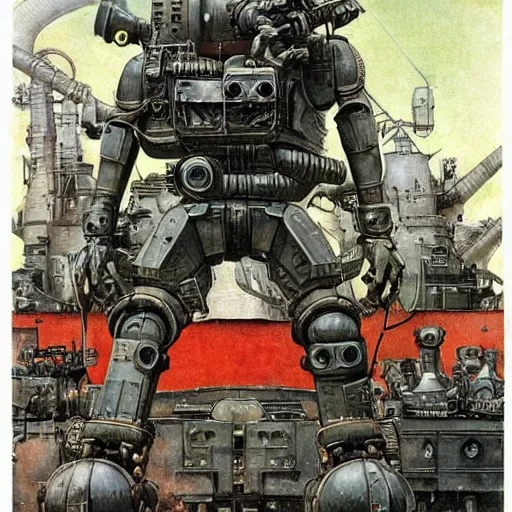 Prompt: Soviet mechs in the style of Norman Rockwell, sci-fi illustrations, highly detailed, award-winning, patriotic, soviet, ussr, dark, gritty, ink