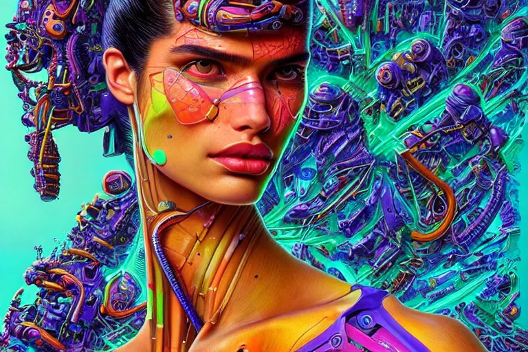 Prompt: Portrait of Sara Sampaio wearing epic bionic cyborg implants of different vibrant colors, detailed intricate ornate cables connected to head, portrait front face reference, by Dan Mumford and Naoto Hattori, extremely beautiful and proportionate, masterpiece, intricate, highly detailed, digital painting, Matrix Theme, artstation, concept art, crepuscular rays, smooth, sharp focus, illustration, background made from fractals of vibrant universe stars, cyberpunk colors, volumetric lighting, art by artgerm and james jean and Nick Sullo