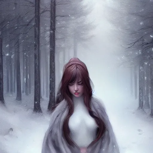 Image similar to a painting of a woman in a snowy forest, a digital painting by Charlie Bowater, featured on cgsociety, fantasy art, detailed painting, artstation hd, ilya kuvshinov