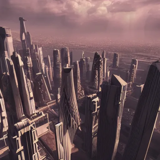 Image similar to gigantic majestic futuristic city of angels, epic scale, dramatic buildings, cinematic sky, 8 k, unreal engine 5