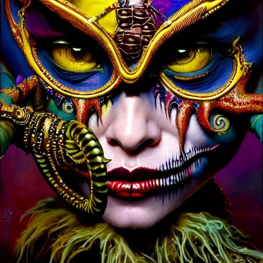 Prompt: uhd photorealisitc authentic two - face wearing ornate costume and intricate voodoo makeup, intricate details, vivid colors, frightening surroundings, studio lighting, correct details, in the style of amano, karol bak, akira toriyama, and greg rutkowski