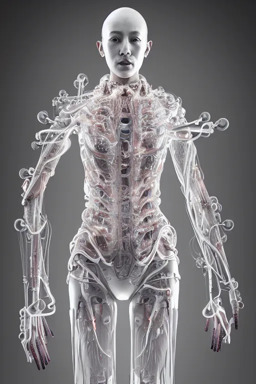 Image similar to beautiful young asian woman, iris van herpen, perfect symmetrical body, full body shot, inflateble shapes, wires, tubes, veins, jellyfish, white biomechanical details, wearing epic bionic cyborg implants, masterpiece, intricate, biopunk, vogue, highly detailed, artstation, concept art, cyberpunk, octane render