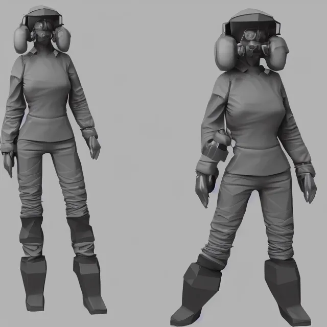Prompt: Low poly clay render of a cyberpunk lady pilot