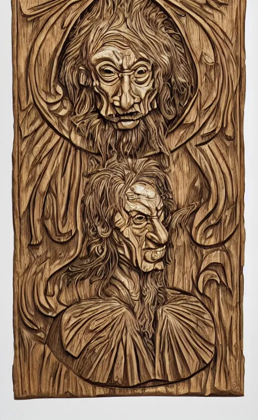 Image similar to an extremely detailed wood relief carving depicting a monstrous image of the jim varney, stylized sun, medieval, renaissance, manuscript, woodcut, in the style of albrecht durer, alchemical symbols