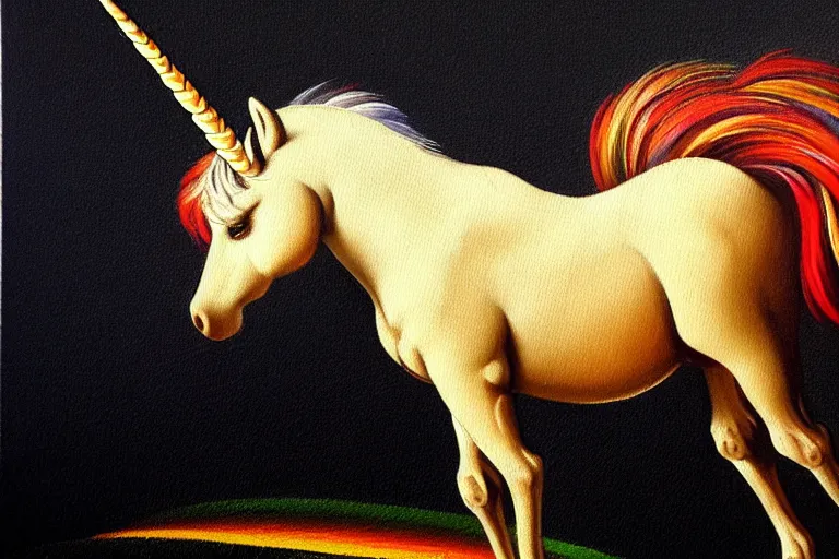 Image similar to detailed traditional painting of a unicorn walking on a rainbow, ((rainbow)) by Caravaggio, authentic, masterpiece, brush strokes, trending on artstation