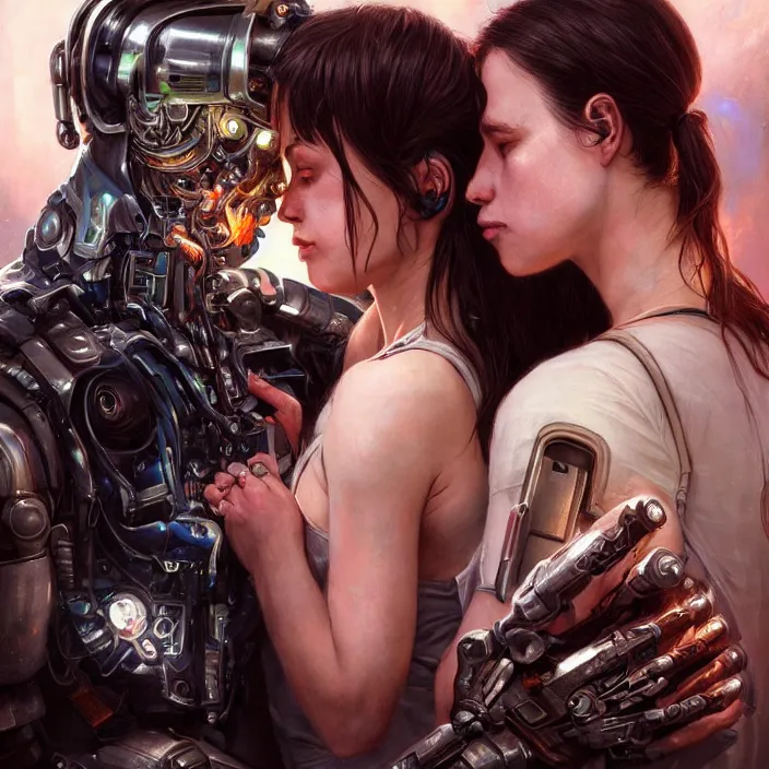 Prompt: ultra realistic portrait of a couple of cyborgs kissing, lovers, cyberpunk, sci - fi, fantasy, kodak, colour led, soft light, volumetric lighting, night, intricate, highly detailed, digital painting, concept art, smooth, sharp focus, illustration, art by artgerm and greg rutkowski and alphonse mucha