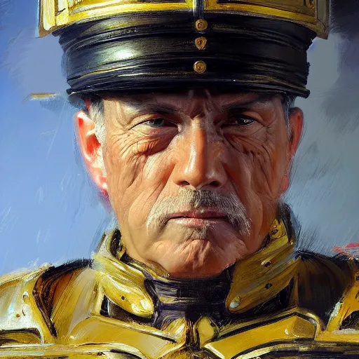 Prompt: closeup portrait of a futuristic general, photorealism, impressionism rob rey and greg manchess, visible brushtrokes, highly detailed, intricate details, uniform, 8 k
